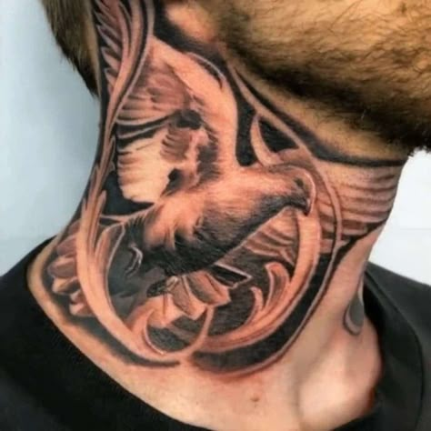 Dove Tattoo On Neck, Dove Neck Tattoo Men, Best Neck Tattoos Men, Bird Neck Tattoo, Dove Neck Tattoo, Dove And Rose Tattoo, Rose Neck Tattoo, Aztec Tattoos Sleeve, Full Neck Tattoos