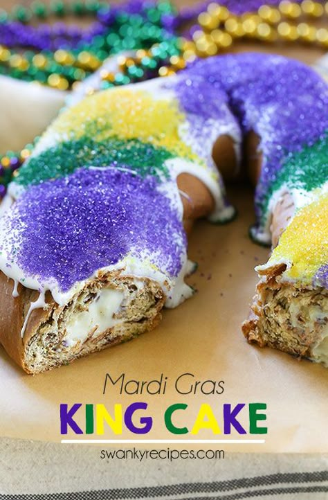 Cream Cheese King Cake - Celebrate Mardi Gras with this cream cheese stuffed King Cake.  This New Orleans classic tastes just like a cinnamon roll and features a thick icing with vibrant purple, gold and green sanding sugar. #kingcake #NewOrleans #MardiGras Gluten Free King Cake Recipe, Gluten Free King Cake, Mardi Gras Desserts, King Cake Recipe Easy, New Orleans King Cake, Mardi Gras Cake, King Cake Recipe, King Cake Baby, Mardi Gras King Cake