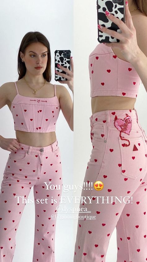 Heart Theme Outfit, Heart Themed Outfits Aesthetic, Cupid Aesthetic Outfit, Pink Heart Pants Outfit, Trendy Pink Bottoms With Heart Print, Heart Outfit, Fitted Pink Bottoms With Heart Print, Pink Heart Crop Top, Colorful Outfits Aesthetic