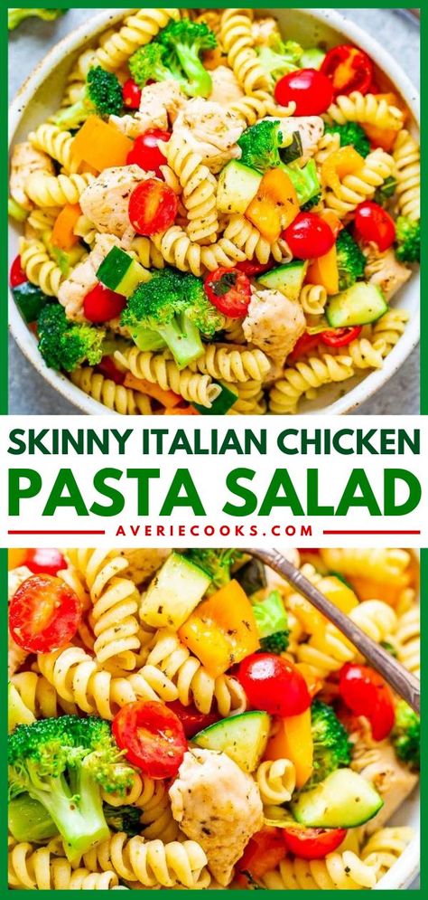 Skinny Italian Chicken Pasta Salad, summer salad, side dishes Low Calorie Pasta Salad, Italian Chicken Pasta Salad, Weight Watchers Pasta, Italian Chicken Pasta, Veggie Pasta Salad, Averie Cooks, Pasta Salad Italian, Chicken Pasta Salad, Easy Pasta Salad