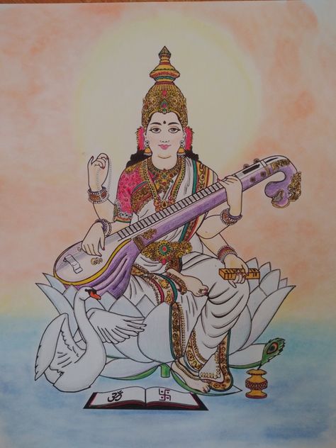 Saraswati - Goddess of the arts, music, and knowlege. Goddess Saraswati Painting Art, Saraswati Goddess Drawing Easy, Saraswati Painting Easy, Saraswati Goddess Paintings Easy, Saraswati Goddess Paintings Abstract, Saraswati Goddess Sketch, Saraswati Goddess Paintings Sketch, Saraswati Goddess Drawing, Saraswati Devi Drawing