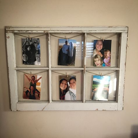 Diy Window Frame Picture, Farmhouse Window Picture Frame, Window Frame Picture Display, Window Frame Picture Ideas, Pictures In Old Window Frames, Old Window Picture Frame Ideas, Diy Window Picture Frame Projects, Window Frame Picture Frames, Old Window Picture Display