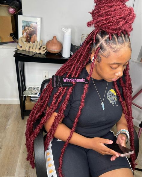 Red Distressed Locs, Dark Red Locs, Red Butterfly Locs, Red Faux Locs, Red Locs, Protective Braids, Locs Styles, Soft Locs, Pretty Braids