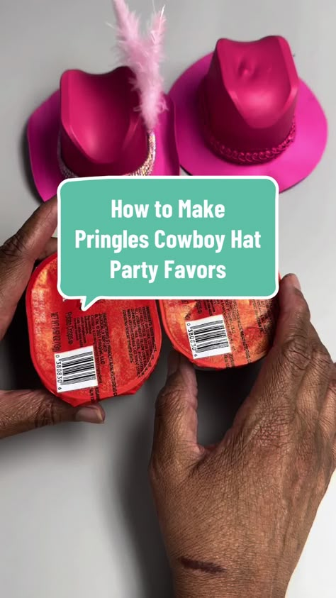 Mini Cowboy Hats Diy, Cowboy Hat Pringles, Cowboy Hat Party Favors, Cowgirl Goodie Bag Ideas, Diy Mini Cowboy Hat, First Rodeo Table Centerpiece, Pringle Cowboy Hats, Pringles Cowboy Hat, Western Party Favors For Adults