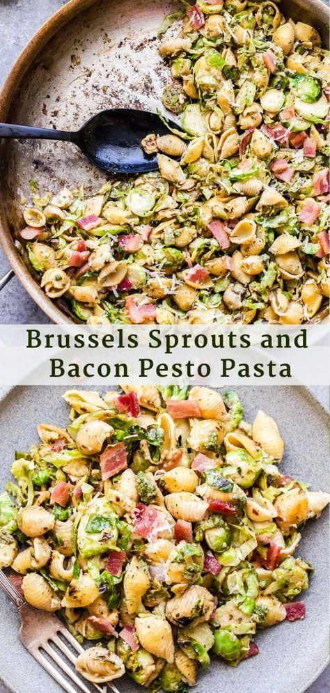 Brussels Sprouts And Bacon, Sprouts And Bacon, Shredded Brussels Sprouts, Pesto Pasta Recipes, Shredded Brussel Sprouts, Sprouts With Bacon, Food Blogs, Pesto Pasta, Linguine