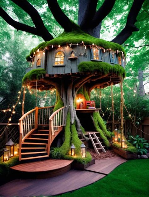 Enchanted Forest Playground, Forest Hideaway, Fairy Playground, Fairy Garden Ideas Enchanted Forest, Treehouse Inspiration, Tree Forts, Forest Play, Fort Ideas, Outdoor Forts