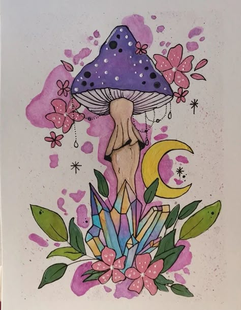 Mushroom Drawing Fairy, Purple Mushroom Drawing, Fairyland Drawing, Hippie Mushroom Art, Mushroom Drawing Colorful, Easy Witchy Drawings, Magic Mushroom Drawing, Witchy Drawings Simple, Mystical Drawings