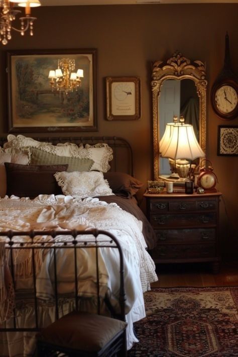 Brown Room Walls Bedrooms, Old Fashion Bedroom, Cozy Brown Bedroom, Antique Room Aesthetic, Light Academia Bedroom, Vintage Bedroom Aesthetic, Antique Decor Bedroom, Antique Room Decor, Bedroom Brown