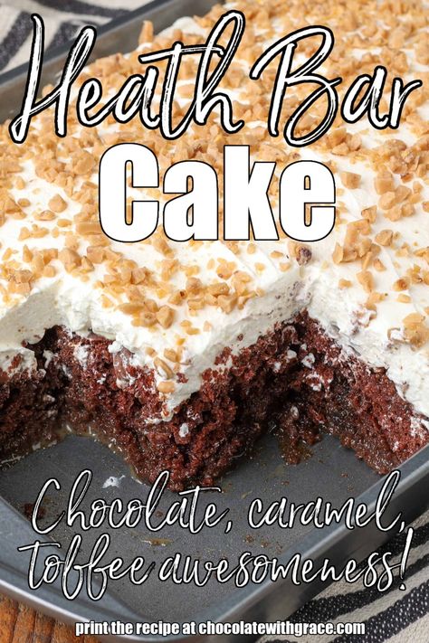 Heath Bar Cake Chocolate Heath Bar Cake, Heath Bar Dessert, Heath Bar Cake Recipe, Heath Bar Cake, Toffee Dessert, Candy Bar Cake, Heath Bar, German Chocolate Cake Mix, Chocolate Cobbler