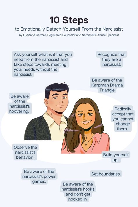 An infographic about the 10 steps that you can take to safely emotionally detach yourself from a narcissist. Detachment Pictures, How To Detach Yourself From Someone, How To Emotionally Detach, How To Get Detached From Someone, How To Detach From Someone, How To Detach From Someone You Love, How To Detach Emotionally, Emotionally Detaching, How To Detach Emotionally From Someone