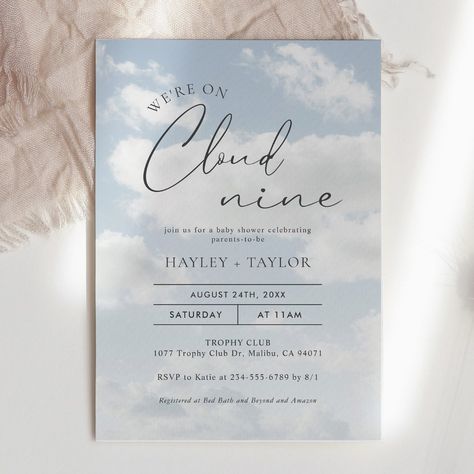 We're On Cloud 9 Baby Shower Invitation Cloud Baby Shower Theme, Gender Reveal Baby Shower Themes, Baby Shower Deco, On Cloud Nine, Mimosa Bar, Boy Baby Shower Themes, Cloud Nine, Perfect Baby Shower, Blue Baby Shower