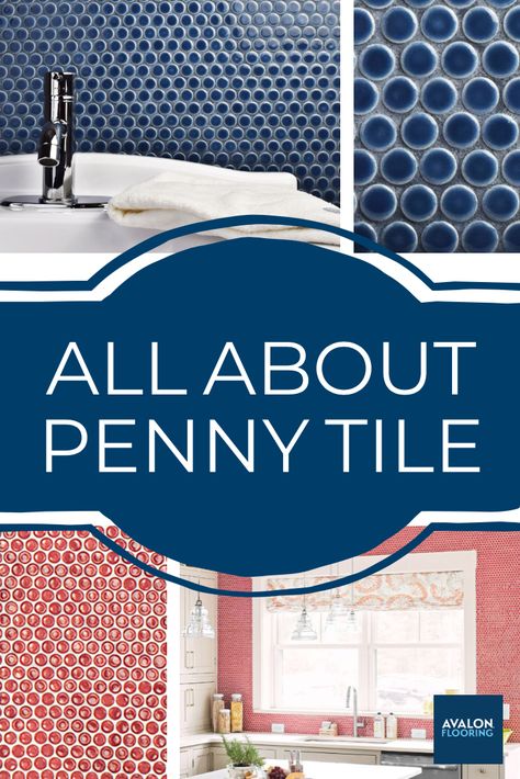 Blue Penny Tile Backsplash, Penny Tile Shower Floor Ideas, Penny Tile Bathroom Floor Ideas, Penny Tile Bathrooms, Penny Tile Backsplash Kitchen, Blue Penny Tile Bathroom, Round Tile Backsplash, Penny Tile Ideas, Penny Tiles Bathroom Floor