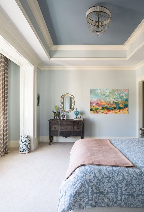 Trey Ceiling Ideas Bedroom, Coffered Ceiling Bedroom, Tray Ceiling Bedroom, Tray Ceiling Ideas, Cove Ceiling, Trey Ceiling, Coved Ceiling, Accent Ceiling, Blue Ceilings