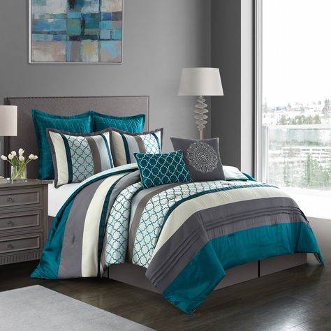 Nanshing Avalon 8 Piece Bedding Comforter Set with BONUS Shams and 2 BONUS PIllows, Full/Queen, Teal - Walmart.com - Walmart.com Teal Comforter, Bedroom Comforter Sets, Grey Comforter Sets, Teal Bedroom, Blue Bedding Sets, King Comforter Sets, Bed Skirt, Comfortable Bedroom, Queen Comforter Sets