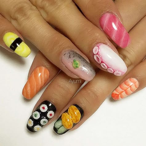 Sushi nails are the latest nail trend taking over! #nails #manicure #nailpolish #style Sushi Nails, Japan Nail Art, Cream Nail Art, Food Nail Art, Crazy Nail Designs, Food Nails, Funky Nail Art, Nail Trend, Beauty Nails Design