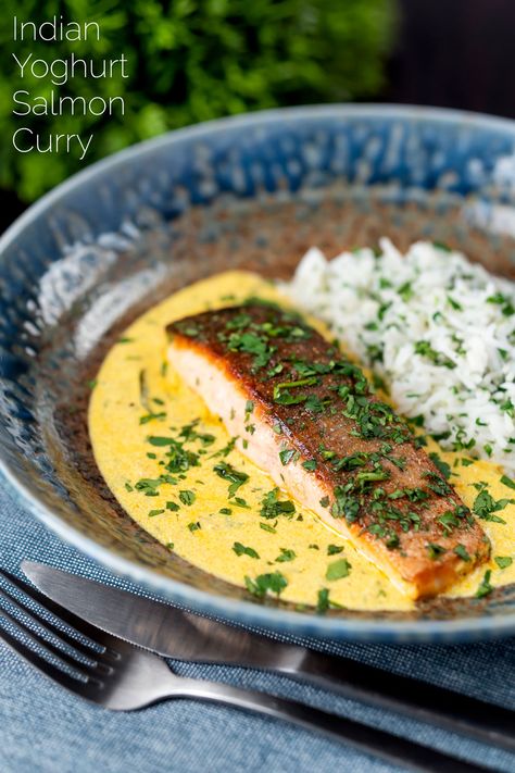 Indian salmon curry with a gloriously crispy skin sat in a golden yoghurt-based sauce is the perfect curry in a hurry midweek dinner. The preparation for this easy fish curry recipe takes a leisurely 10 minutes and cooking is done in around 20 minutes! Easy Fish Curry Recipe, Indian Salmon, Curry In A Hurry, Salmon Curry, Fish Curry Recipe, Easy Salmon Recipes, Easy Salmon, Fish Curry, Indian Curry