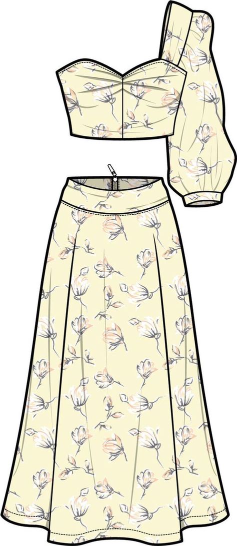 Peticote Design, Long Skirt Flat Sketch, Flat Pattern Fashion Technical Drawings, Dresses Flat Sketch, Technical Drawing Fashion Dress, Long Dress Sketch, Clothes Design Sketches Women, Flat Sketches Dress, Style Drawing Fashion