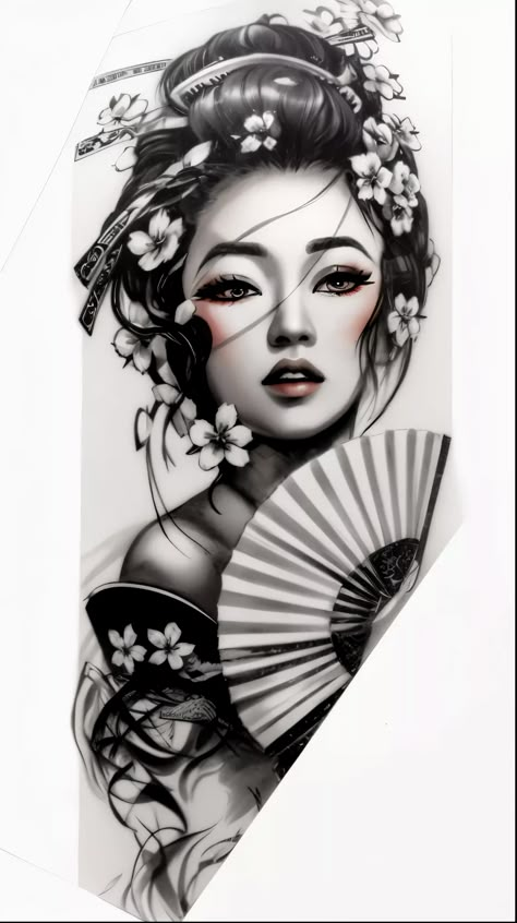 Full Sleeve Tattoo Japanese Style, Japanese Warrior Woman Tattoo, Asian Tattoos For Women Sleeve, Japanese Art Tattoo Ideas, Asian Lady Tattoo, Geisha Face Tattoo, Japanese Geisha Tattoo Traditional, Japanese Tattoo Designs Geisha, Japanese Face Tattoo