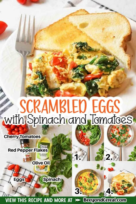 Egg Spinach Tomato Scramble, Eggs Spinach Tomato Scramble, Eggs And Cherry Tomatoes, Scrambled Eggs Spinach Tomatoes, Egg Tomato Spinach Breakfast, Tomato Spinach Eggs, Eggs With Cherry Tomatoes, Scrambled Eggs With Spinach And Tomato, Scrambled Egg With Spinach