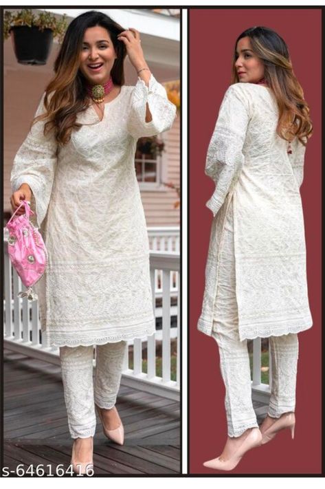 Simple Chikankari Kurti, Chicken Kari Kurti Designs Latest, White Chikenwork Kurti Outfit, Cotton Suits Design Latest Pakistani, White Chicken Kari Kurta Design, Cotton Chikankari Kurti Designs Latest, Cotton Chikankari Suit Designs, Chikan Suits Designs, White Chicken Suit Designs