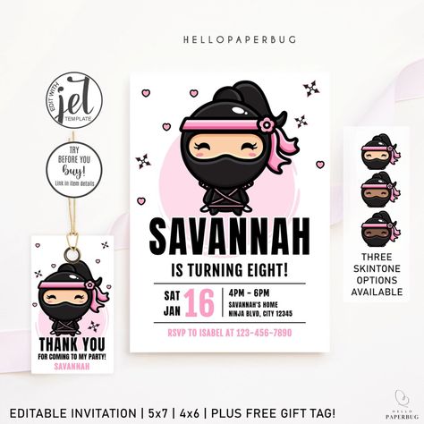 Ninja Theme Birthday Party Invitation Template in Pink for Girls Ninja Party Invitations, Martial Arts Party, Ninja Invitations, Ninja Theme, Pink Ninja, Art Party Invitations, Ninja Party, Karate Martial Arts, Girl Birthday Party Invitations