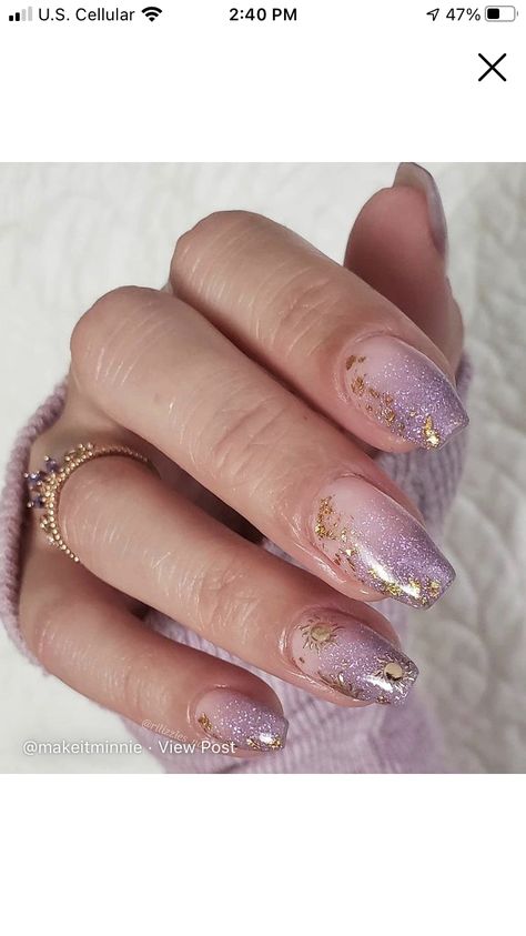 Galinda Nail Designs, Lavender With Gold Nails, Purple And Champagne Nails, Taylor Swift Speak Now Era Nails, Speak Now Nail Design, Purple Tangled Nails, Lilac Nails With Gold Flakes, Speak Now Nail Ideas, Tangled Inspo Nails