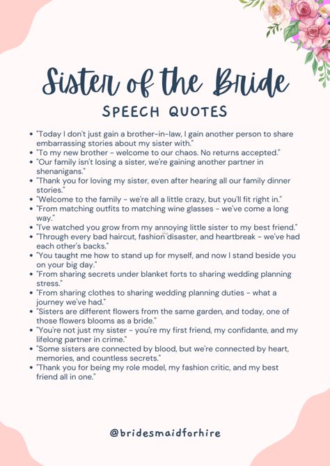 100 Sister of the Bride Speech Quotes for a Memorable Toast Toast For Sisters Wedding, My Sister Is Getting Married Quotes, Bride To Be Caption For Sister, Quotes For Sister Wedding, Sister Speech At Wedding Funny, Older Sister Wedding Speeches, Maid Of Honor Speech Ideas For Sister, Sister Of Bride Speech, Maid Of Honour Speech Sister