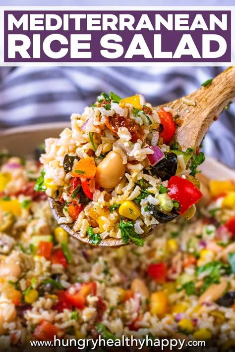 This delicious and vibrant Mediterranean Rice Salad is so easy to make and the perfect addition to a BBQ or summer dinner party. Mediterranean Rice, Mediterranean Recipes Healthy, Rice Salad Recipes, Summer Dinner Party, Mediterranean Diet Recipes Dinners, Rice Side Dishes, Rice Salad, Mediterranean Dishes, Healthy Salad