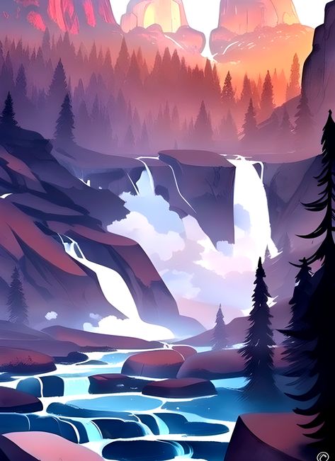 https://www.redbubble.com/i/wood-print/Charming-Riverfall-over-Rocky-Terrain-Art/138488447.EZ4MB?asc=u Rocky Artwork, Rocky Mountains Painting, Rocky Landscape Concept Art, Rocky Environment Concept Art, Rocky Shore Painting, Holiday Club, Minimalist Landscape, Landscape Scenery, Night Painting