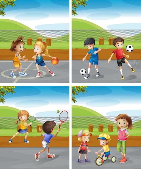 Children playing different sports in the... | Free Vector #Freepik #freevector #kids-drawing #playing #kids-playing #kids-sport Summer Hobbies, Picture Story For Kids, Park Illustration, Playing Volleyball, Kids Cartoon Characters, Carson Dellosa, Hobbies For Kids, Sport Park, Card Games For Kids