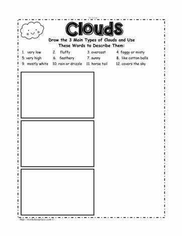 Cloud Worksheet Clouds Worksheet, Types Of Clouds Worksheet, Clouds Lesson Plan, Clouds Lesson, Weather Worksheets, Fourth Grade Science, Writing Sight Words, Describing Words, Second Grade Science