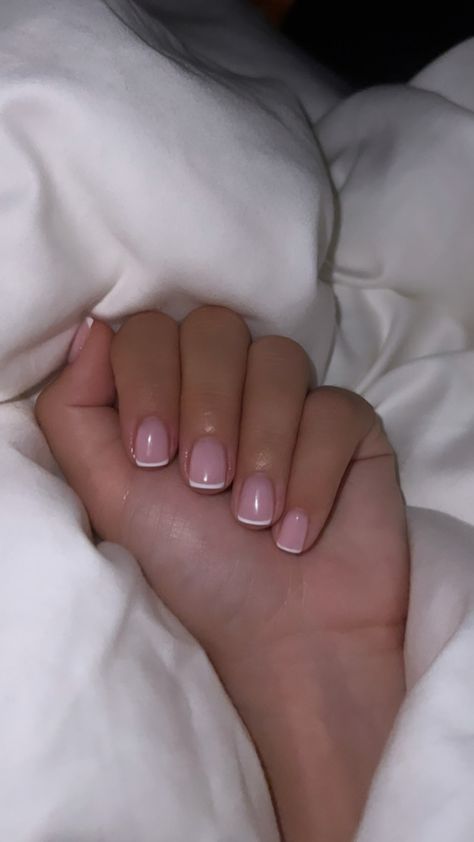 Design On Natural Nails Short, Short Square Gel Nails French Tips, Short Nails Inspo French Tip, Square Short French Nails, Small Square Nails French Tip, Really Short Nails French Tip, Short Shellac French Nails, Short Square Nail Designs Aesthetic, Really Short French Nails