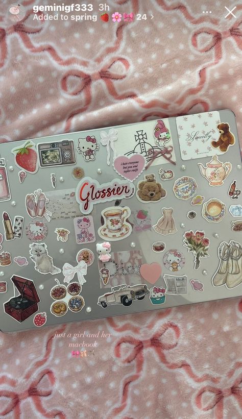 Things To Do With Stickers, Macbook Decoration Stickers, Macbook With Stickers Aesthetic, Girly Laptop Stickers, Macbook Case With Stickers, Macbook Case Stickers, Pink Laptop Case With Stickers, Pink Laptop, Baby Pink Aesthetic