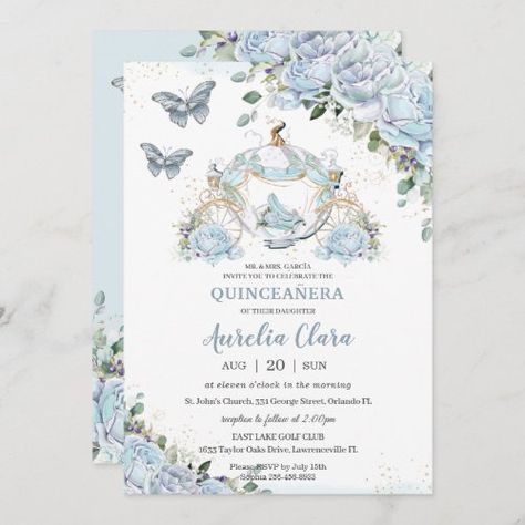 $1.98 | Baby Blue Roses Princess Cinderella Quinceañera - chic girly elegant, peony romantic flowers, vintage french roses, elegant floral baby shower invites, pumpkin carriage coach, cinderella glass slipper shoe, baby blue floral, light pastel soft blue, princess quinceañera invitation cards, sweet 16 sixteen 16th birthday Baby Blue Quinceanera Theme, Blue Quinceanera Theme, Quinceanera Blue, Baby Blue Quinceanera, Cinderella Quinceanera Themes, Cinderella Quinceanera, Cinderella Invitations, Cinderella Coach, Quinceañera Invitation