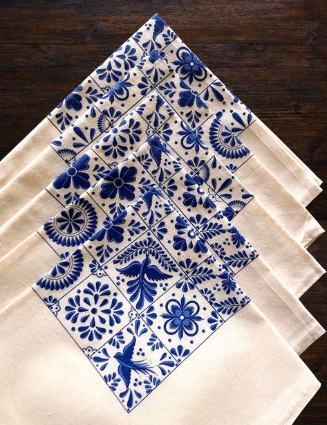 Tea Table Cloth, Mexican Talavera | Tea Towel | Cotton Canvas Tea Table Cloth | Square Table Cloth with Tassels | Home decoration | tea time Spanish Table Setting, Talavera Wedding, Talavera Pattern, Square Table Cloth, Talavera Design, Spanish Table, Mexican Themed Weddings, Mexican Pattern, Mexican Table