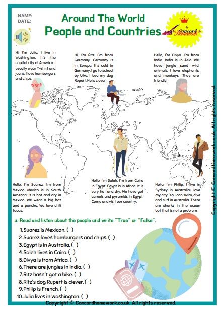 Countries and people around the World free ESL EFL worksheets with answer key Countries Around The World Activities, Around The World Worksheets, Culture Worksheet, Thanksgiving Acrostic Poem, Listening Worksheet, Eight Parts Of Speech, Ielts Speaking, Simple Past Tense, English For Beginners