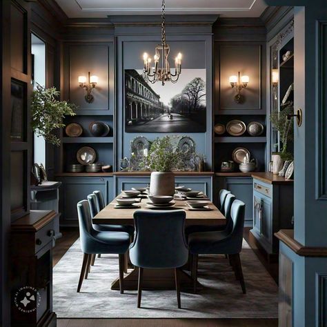 Black And Blue Dining Room, Navy Blue Dining Room Ideas, Midnight Blue Dining Room, Dining Room Blue Walls, Navy Dining Room Walls, Navy Blue Dining Room, Monochrome Dining Room, Dark Blue Dining Room, Dining Room Navy