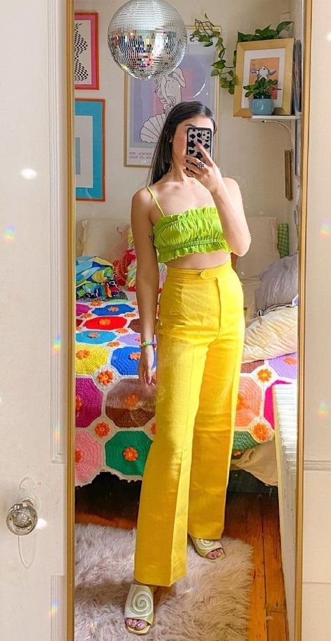 Summer Outfits Aesthetic Colorful, Pastel Yellow Pants Outfit, Outfits With Bright Colors, Summer Fits Colorful, Bright Colors Outfit Ideas, Colourful Clothes Aesthetic, 90s Colorful Outfits, Colorful Concert Outfit, Fashion Outfits Colorful