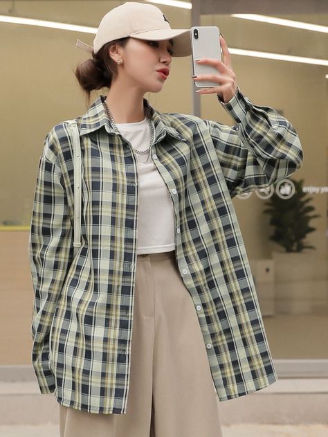 Plaid Shirt Outfit Summer, Plaid Jacket Outfit, Drop Shoulder Blouse, Green Plaid Shirt, Drop Shoulder Shirt, Womens Fashion Casual Outfits, Jacket Outfit, Women Blouses, Plaid Jacket