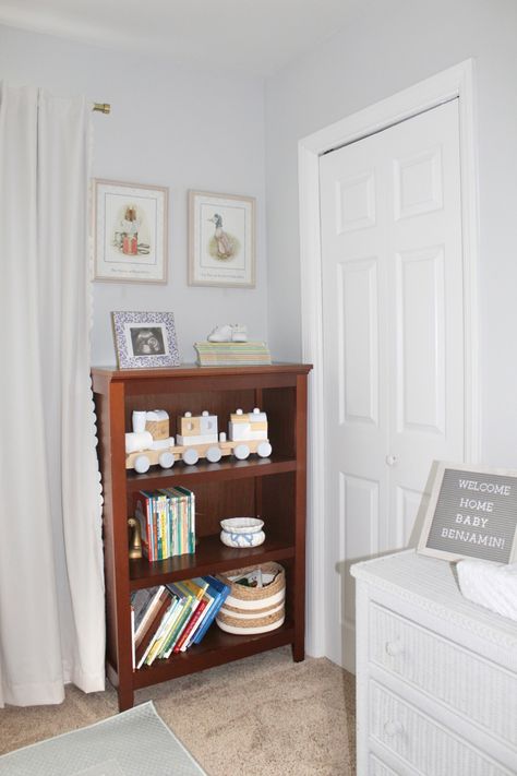 Boy Nursery Bookshelf Ideas, Nursery Bookcase, Antique Bookshelf, Storybook Nursery, Character Prints, Vintage Storybook, Future Son, Wooden Bookshelf, Nursery Bookshelf