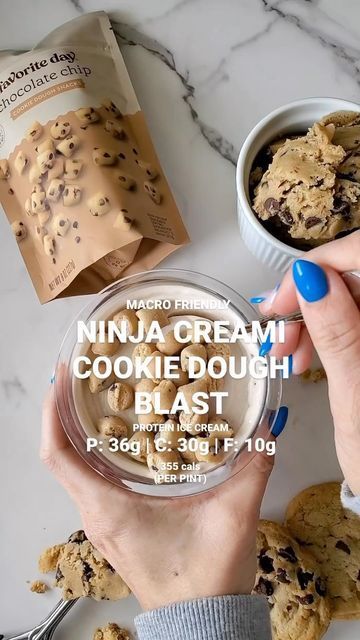 Ninja Creami Recipes | High Protein | Healthy on Instagram: "Cookie Dough Blast Protein Ice Cream🍦🍪 36g Protein | 355 Calories By @shandi.lynn.martin 💪 INGREDIENTS: - 8 oz 2% @fairlife - 1 scoop @iheartmacros Cookie Dough Protein or Vanilla Protein Powder - 2 tbsp Milk of choice - 2 tbsp @favoritedaytreats Cookie Dough Mix In’s (can be purchased from @target) Follow @ninjacreamirecipes for more healthy ice cream recipes 🍨 #ninjacreami #ninjacreamicreations #ninjacreamirecipes #proteinicecrea Ninja Creami Macro Friendly, Ninja Products, Creami Recipies, Protein Cookie Dough Recipe, Ice Cream Maker Recipes Healthy, Ninja Creami Recipes, Recipes High Protein, Ninja Creamy, Ninja Ice Cream Recipe