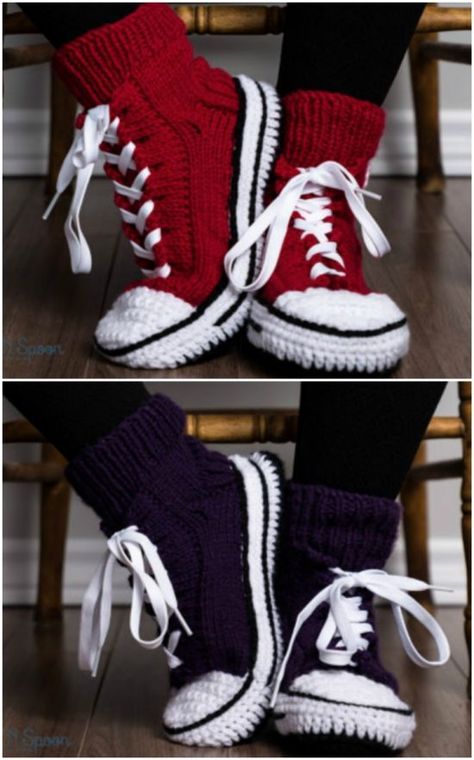 Converse Slippers, Crochet Converse, Tutorial Knitting, Crochet Slipper Pattern, Crochet Boots, Crochet Socks, Haken Baby, Video Free, Slippers Pattern