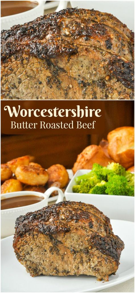 Worcestershire Butter Roast Beef - a simple method where a roasting butter also acts as a sort of marinade for the beef, keeping it moist and flavourful. Serve it with Yorkshire Pudding and Roasted Potatoes for a British style Sunday roast dinner. Recipe links included. Butter Roast Beef, Recipe Pork, Tenderloin Recipe, Beef Bacon, Roast Beef Recipes, Muffin Bread, Keto Foods, Sunday Roast, English Muffin