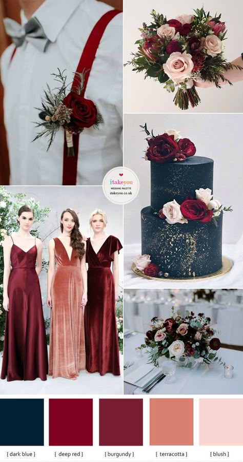 Autumn Wedding in Burgundy, Deep Red, Navy and Terracotta with Blush Accents 1 - I Take You | Wedding Readings | Wedding Ideas | Wedding Dresses | Wedding Theme Wedding Colour 2023, Navy Blue Red And Blush Wedding, Dark Blue Color Palette Wedding, Wedding Dress With Burgundy Accents, Terracotta Burgundy And Navy Wedding, Autumnal Wedding Colours, Autumn Burgundy Wedding, Red And Terracotta Wedding, Red Colour Palette Wedding