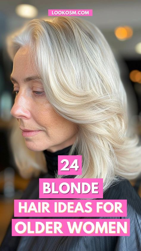 24 Best Blonde Hair Ideas for Older Women to Define Your Elegant Style Blonde Color For Graying Hair, Toning Down Blonde Hair For Fall, Blonde Hair Color Ideas For 40 Year Olds, Blond Color Ideas, Platinum Blonde Hair Over 50, Blonde Hair With Dark Undertones, Full Head Colour Blonde, Blonde Hair Color For 50 Year Old Women, Best Blonde Hair Color For Women Over 50