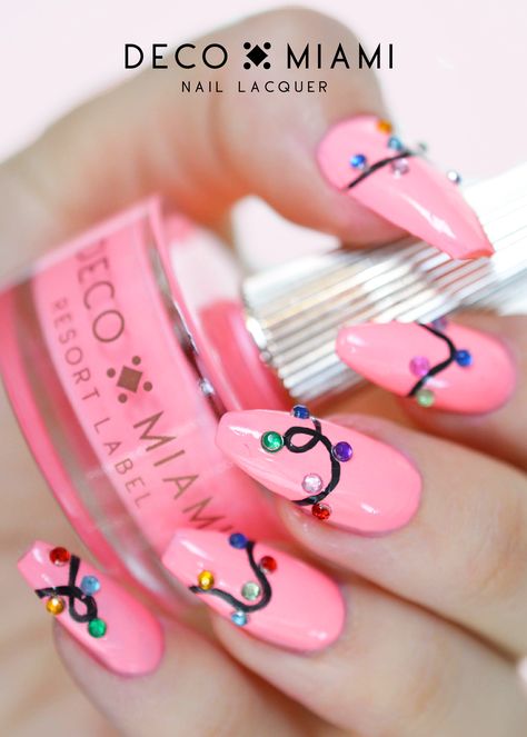 Christmas Lights Nails by Deco Miami using neon pink CAKE. Vegan + Cruelty-Free Nail Polish. Pink Christmas Nails, Christmas Nails Ideas, Light Nails, Cute Christmas Nails, Easter Nails, Pink Nail, Festival Nails, Xmas Nails, Christmas Nail Designs