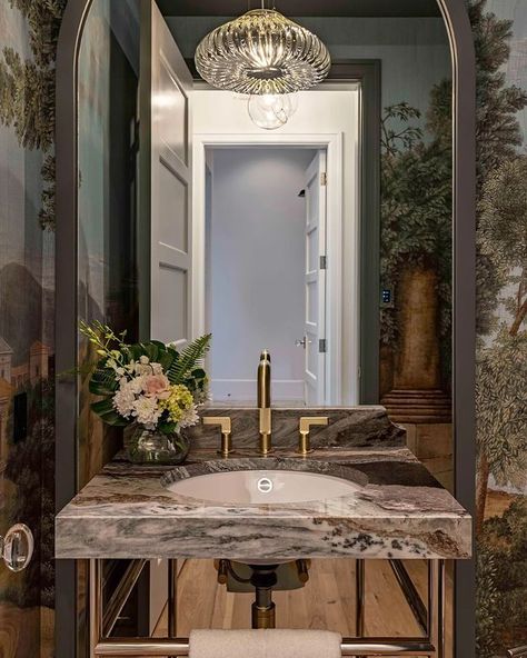 Modern Rustic Powder Room Ideas, Modern Mediterranean Powder Room, Elevated Powder Room, Powder Room Vanities Ideas, Marble Powder Room Ideas, Long Narrow Powder Room, Bold Wallpaper Powder Room, Small Half Bath Design, Small Powder Room Layout