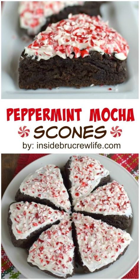 Mocha Scones, Peppermint Scones, Unique Scones, Holiday Morning Breakfast, Peppermint Frosting, Baking Scones, Crushed Peppermint, Scones Recipe Easy, Chocolate Scones