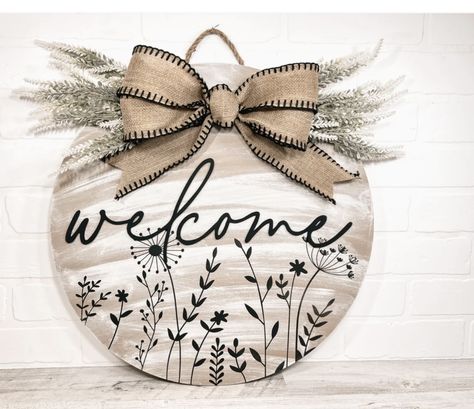 Wood Round For Door, Welcome Signs For Office Door, Business Door Signs Ideas, Wood Circle Wreath Diy, Welcome Door Rounds, Door Circle Signs, Trending Signs 2023, Round Door Signs Summer, Wood Burned Door Hanger