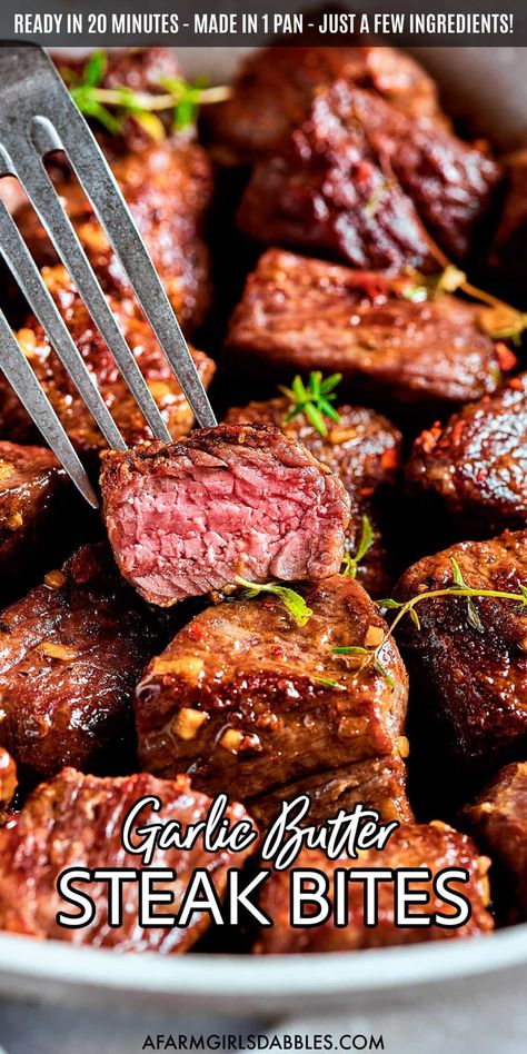 This Garlic Butter Steak Bites recipe comes together in just 20 minutes, in one skillet, and with just a few ingredients. It's a quick and easy way to enjoy tender, juicy little bites of beef, in the most delicious garlic-infused, savory, buttery sauce! Butter Steak Bites Recipe, Appetizer Night, Ways To Cook Steak, Garlic Butter Steak Bites, Butter Steak Bites, Steak Bites Recipe, Steak Sandwiches, Steak Tips, Butter Steak